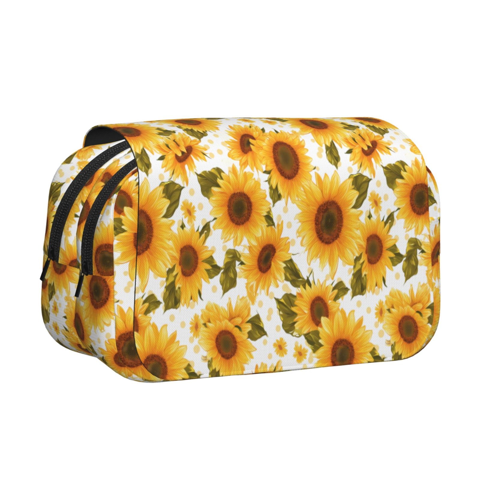 Rateoe Modern Elegant Sunflower Pattern Double Clamshell Pen Case, Storage Organizer with Two Zipper Compartments– Holds Up to 50 Pencils & Pens