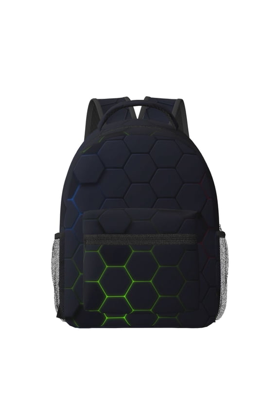 Modern Hexagonal Neon Grid Pattern Durable Student Backpack Laptop Bag- Ergonomic Design, Waterproof Twill Fabric - Ideal for School, Travel, and Outdoor Activities-One Size