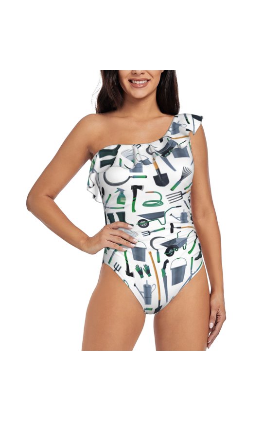 Modern Industry Pattern Women One Piece Swimsuits Tummy Control One Shoulder Bathing Suits Ruffle Swimwear-Small