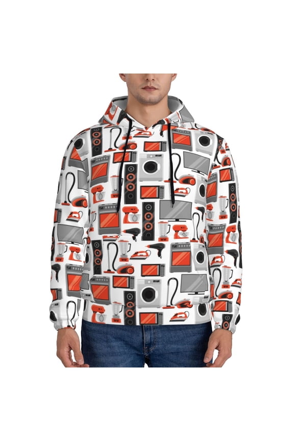 Modern Life Pattern Mens Hoodie, Pullover Hooded Sweatshirt, Kangaroo Pocket Hoodie Ideal for Daily Wear, Travel and Home-Small