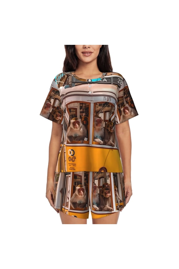 Modern Urban Monkey Pattern Women's Short-Sleeved Pajama Set - 2 Piece Soft and Lightweight Sleepwear Set-