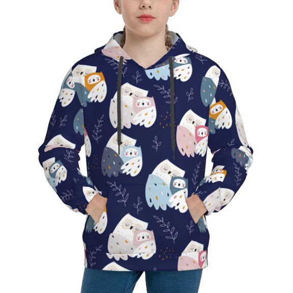 Rateoe Mom And Baby Owls Pattern Boys Hoodie, Youth Pullover Hooded Sweatshirt, Kangaroo Pocket Hoodie for Kids-Large