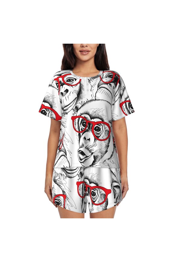 Monkey for 2 Piece Short Sleeves Pajama Sets Casual Lounge Sleepwear Ladies Pjs Sets with Pocket-Medium