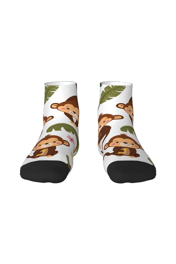 Monkeys Swinging from Palms Pattern Quarter Crew Socks,Toe Seamed Ankle Socks,Cotton Cushioned Breathable Athletic Crew Sports Socks