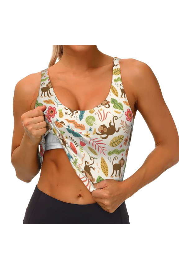 Monkeys in the Jungle Print Womens' Sports Bras Scoop Neck Sports Vest- Padded U Back Seamless High Impact Support