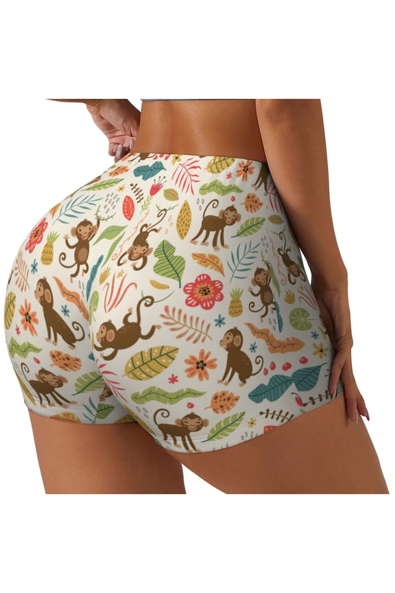 Monkeys in the Jungle Printed Power Workout Shorts for Women Tummy Control Squat Proof Ribbed Thick Seamless Scrunch Active Short-Medium