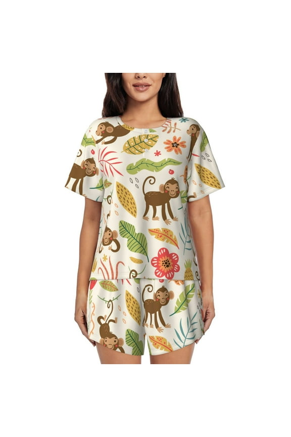 Monkeys in the Jungle for 2 Piece Short Sleeves Pajama Sets Casual Lounge Sleepwear Ladies Pjs Sets with Pocket-Medium
