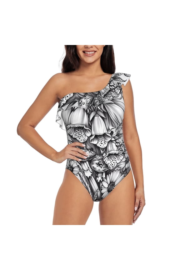 Monochrome Botanical Illustration Pattern Women One Piece Swimsuits Tummy Control One Shoulder Bathing Suits Ruffle Swimwear-Small