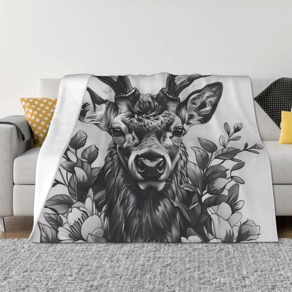 Rateoe Monochrome Deer Floral Pattern Flannel Throw Blanket, Ultra-soft Blanket for Bed, Couch, Car, Hypoallergenic Anti-pilling blanket-