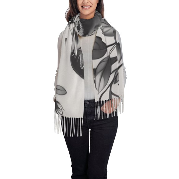 Rateoe Monochrome Deer Floral Women's Traditional Scarf Wrap Tassel Shawl Fringes Neck Head Shawl Retro Scarf