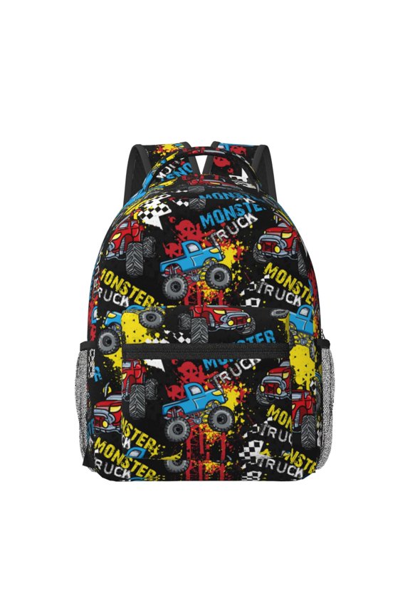 Monster Car Pattern Durable Student Backpack Laptop Bag- Ergonomic Design, Waterproof Twill Fabric - Ideal for School, Travel, and Outdoor Activities
