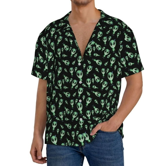 Rateoe Monster Cartoons Pattern Men's Short Sleeve Classic Shirt, Casual Short-Sleeved Shirt, Lightweight Summer Shirt, Cuban Collar Shirt,Button-Front Shirt-Small