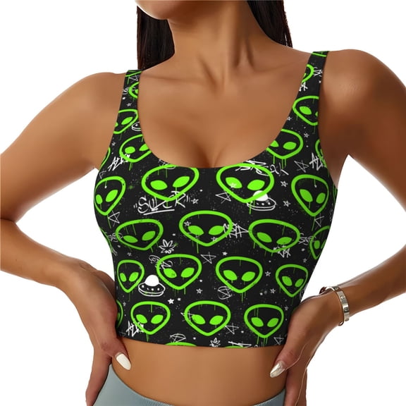 Rateoe Monster Neon Head Print Womens' Sports Bras Scoop Neck Sports Vest- Padded U Back Seamless High Impact Support-