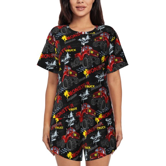 Rateoe Monster Truck Pattern Women's Short-Sleeved Pajama Set - 2 Piece Soft and Lightweight Sleepwear Set-X-Large