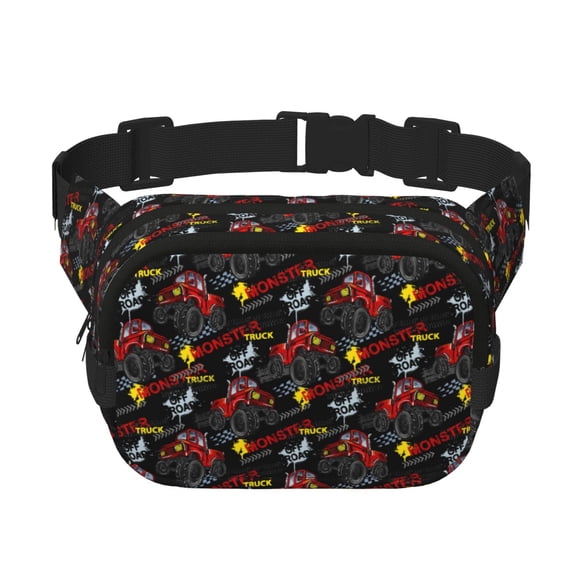 Rateoe Monster Truck Print Fanny Pack Belt Bag for Women and Men, Square Double-Layer Waterproof Waist Pack with Adjustable Strap for Hiking, Jogging, Cycling