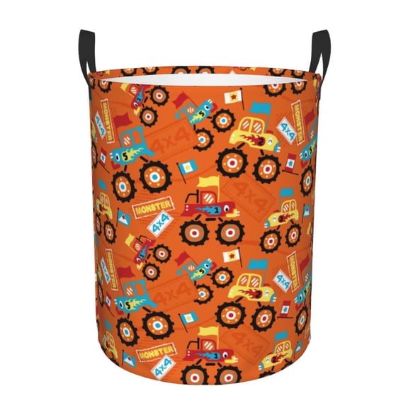 Rateoe Monster Truck,Truck Cartoon Pattern Round Laundry Hamper Basket, Tall Hamper Basket for Blanket Storage, Nursery Clothes Hamper for Laundry in Bedroom and College Dorm-Small