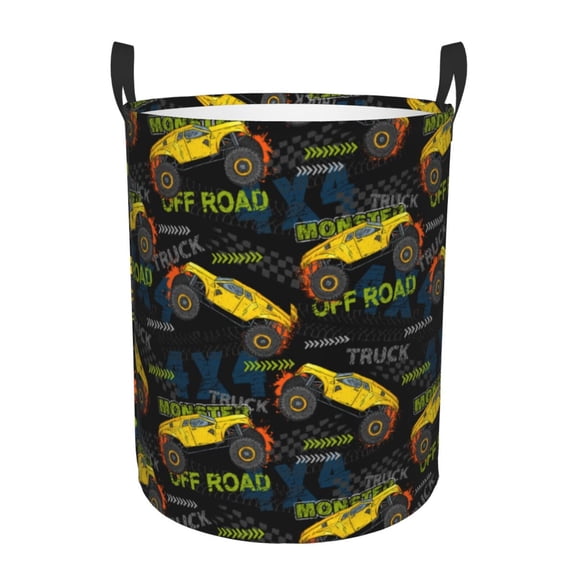 Rateoe Monster Truck1 Pattern Round Laundry Hamper Basket, Tall Hamper Basket for Blanket Storage, Nursery Clothes Hamper for Laundry in Bedroom and College Dorm-Medium
