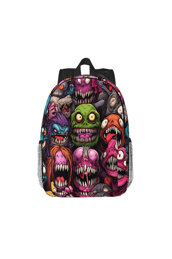 Monstrous Cartoon Characters Pattern Student Backpack Water-resistant Backpack 15-inch Laptop Backpack Lightweight Adjustable School Backpack