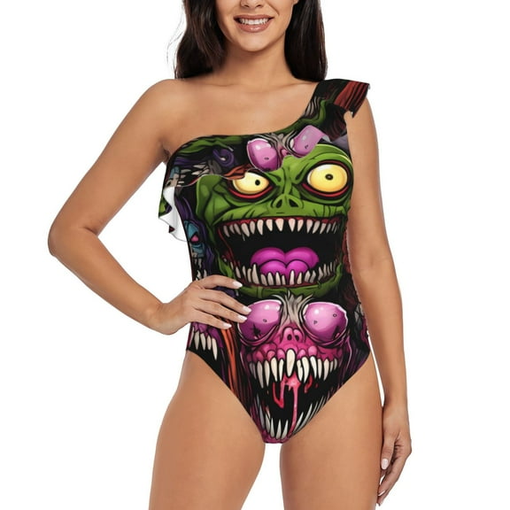 Rateoe Monstrous Cartoon Characters Pattern Women One Piece Swimsuits Tummy Control One Shoulder Bathing Suits Ruffle Swimwear-