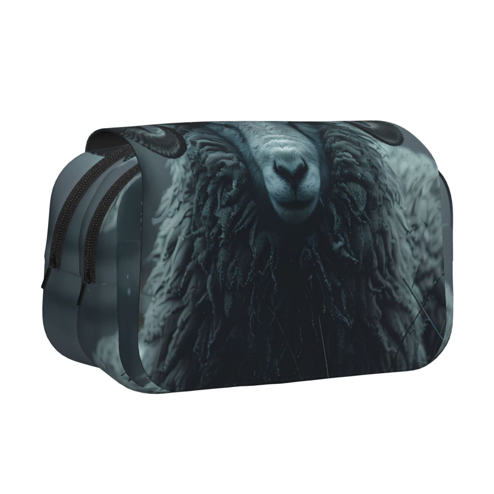 Rateoe Moody Ram Portrait Pattern Double Clamshell Pen Case, Storage Organizer with Two Zipper Compartments– Holds Up to 50 Pencils & Pens