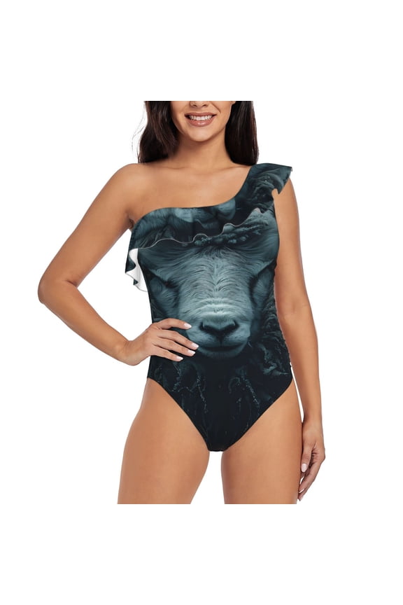 Moody Ram Portrait Pattern Women One Piece Swimsuits Tummy Control One Shoulder Bathing Suits Ruffle Swimwear-