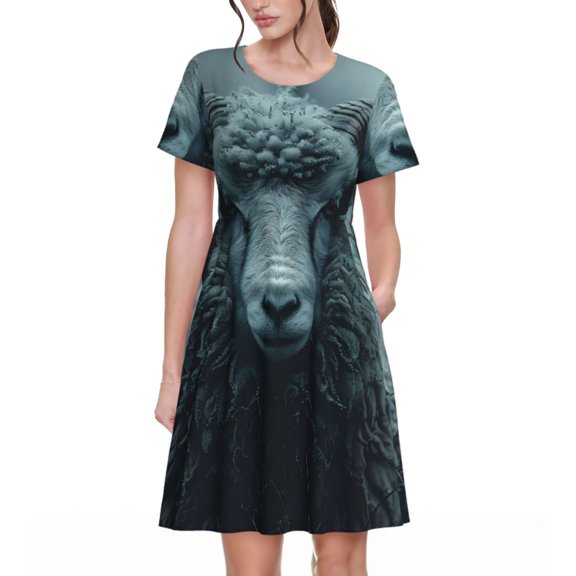 Rateoe Moody Ram Portrait Pattern Women’s Short Sleeve Dress – Casual Elegant Summer A-Line Dress for Everyday Wear