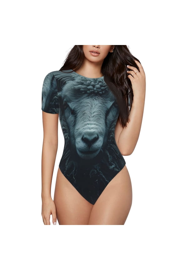 Moody Ram Portrait Printed Women Rash Guard Short Sleeve,Tummy control Swimsuit Surfing Swimsuit Bathing Suit Short-sleeved Onesie UPF 50+ -