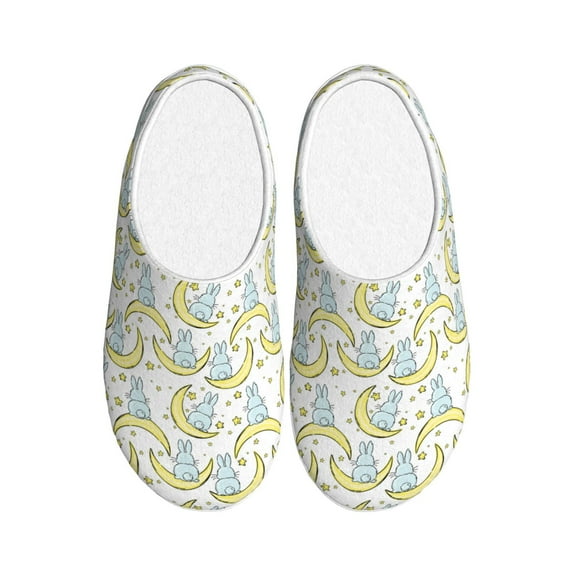 Rateoe Moon And Rabbit Print Women's Men's Cotton Knit Slippers Lightweight Memory Foam Indoor House Shoes with Anti-Skid Sole-42/43