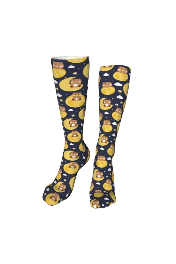 Moon Bear print Women's Men's Novelty 20in Crew Socks Cotton Socks Knee High Socks for Walking,Running,Nurses,Pregnancy-One Size