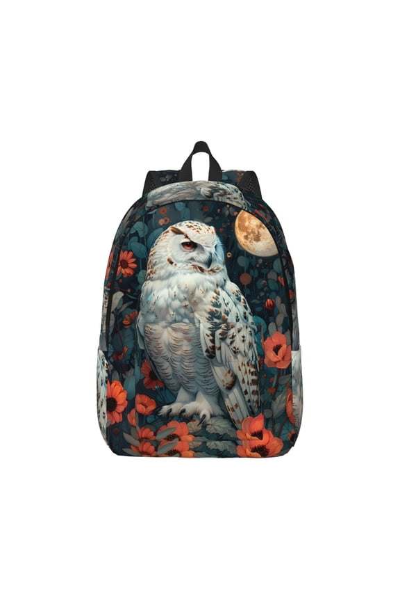 Moon Flower White Owl Pattern Canvas College Laptop Backpack,Travel Daypack,Durable Rucksack Travel Notebook Bag School Backpack Book Bag for Men Women-Small