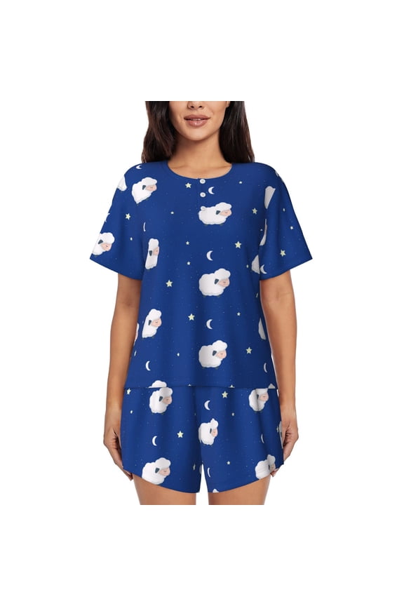 Moon Lamb Pattern Women's Short-Sleeved Pajama Set - 2 Piece Soft and Lightweight Sleepwear Set-Medium
