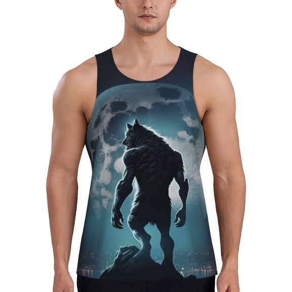 Rateoe Moon Wolf Warrior Pattern Sleeveless Gym Shirt Muscle Tee Breathable Workout Shirt Slim-Fit Tank Quick Dry Fit Muscle Tank Top Bodybuilding Sleeveless T Shirt-X-Large