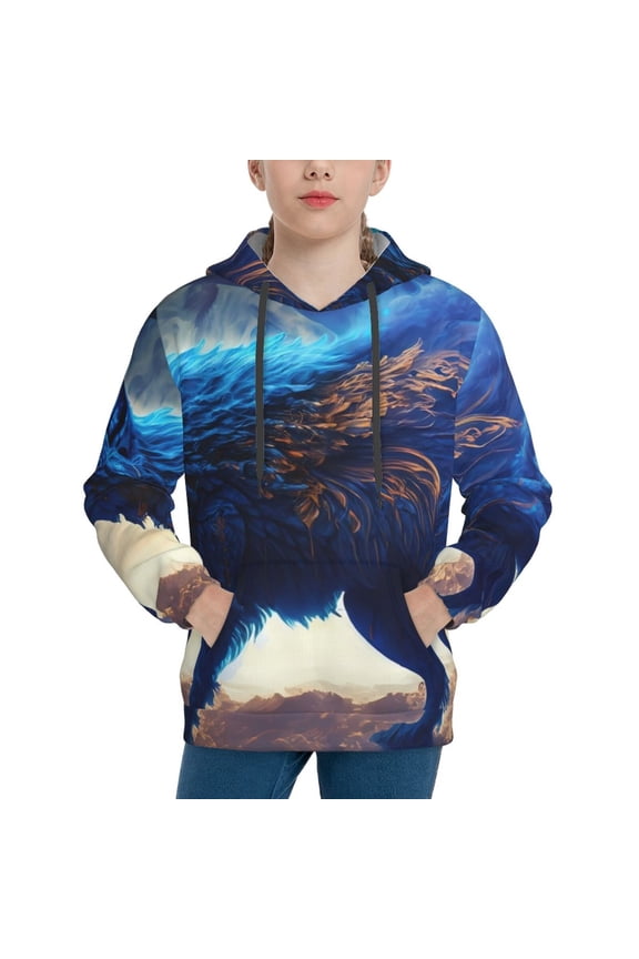 Moonlit Blue Wolf Pattern Boys Hoodie, Youth Pullover Hooded Sweatshirt, Kangaroo Pocket Hoodie for Kids-Small
