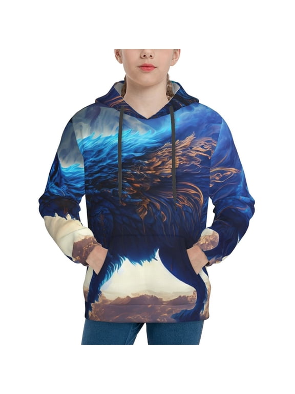 Moonlit Blue Wolf Pattern Boys Hoodie, Youth Pullover Hooded Sweatshirt, Kangaroo Pocket Hoodie for Kids-X-Large