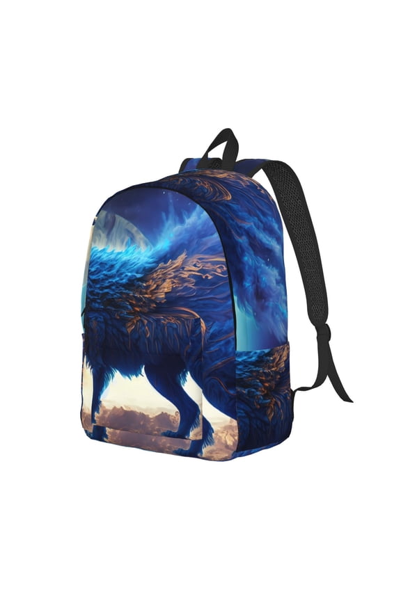 Moonlit Blue Wolf Pattern Durable Canvas Backpack for Men & Women – Stylish & Lightweight – Adjustable Straps, Multiple Pockets – Fits 15-17 Inch LaptopsMedium