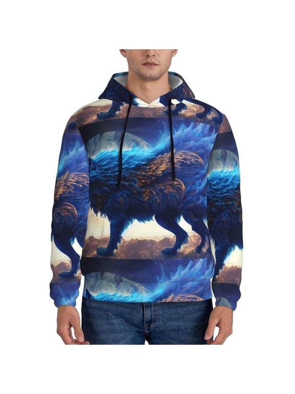 Moonlit Blue Wolf Pattern Mens Hoodie, Pullover Hooded Sweatshirt, Kangaroo Pocket Hoodie Ideal for Daily Wear, Travel and Home-4X-Large