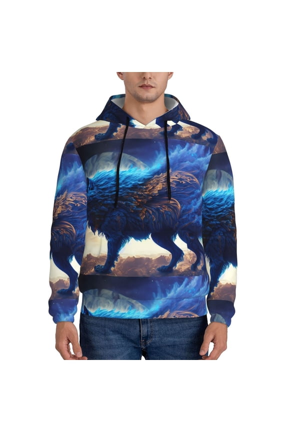 Moonlit Blue Wolf Pattern Mens Hoodie, Pullover Hooded Sweatshirt, Kangaroo Pocket Hoodie Ideal for Daily Wear, Travel and Home-Medium