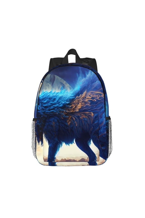 Moonlit Blue Wolf Pattern Student Backpack Water-resistant Backpack 15-inch Laptop Backpack Lightweight Adjustable School Backpack