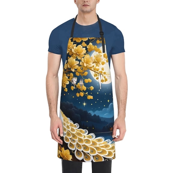Rateoe Moonlit Golden Tree Peacock Aprons with Pocket,Men Womens Aprons Waterproof Adjustable Cooking Aprons for Kitchen Gardening and Salon