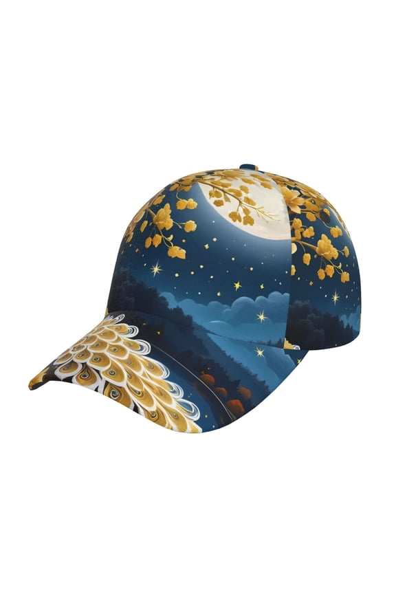 Moonlit Golden Tree Peacock Pattern Baseball Cap Outdoor Cap Mountain Dad Hat - Unstructured Soft Cotton Cap-Adjustable UV Protection Cap