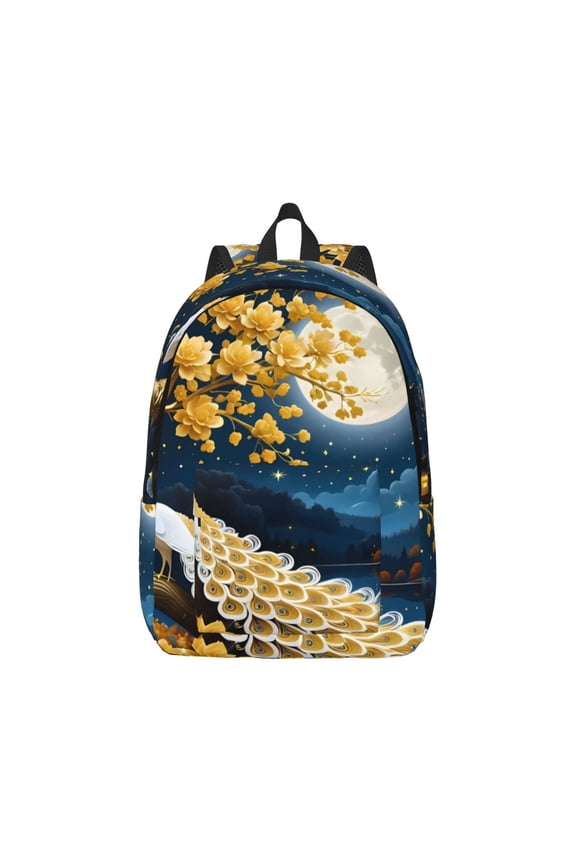 Moonlit Golden Tree Peacock Pattern Canvas College Laptop Backpack,Travel Daypack,Durable Rucksack Travel Notebook Bag School Backpack Book Bag for Men Women-Small