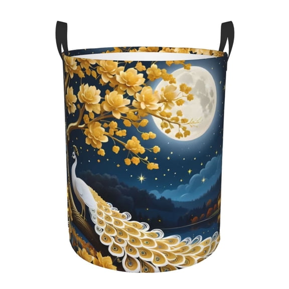 Rateoe Moonlit Golden Tree Peacock Pattern Round Laundry Hamper Basket, Tall Hamper Basket for Blanket Storage, Nursery Clothes Hamper for Laundry in Bedroom and College Dorm-Medium