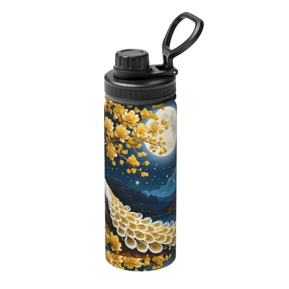 Rateoe Moonlit Golden Tree Peacock Printed 18oz Sports Insulated Water Bottle, Double-Wall Stainless Steel Kettle with Leak-Proof Cap and Carry Loop, BPA-Free for Outdoor, Gym, Camping, and Travel