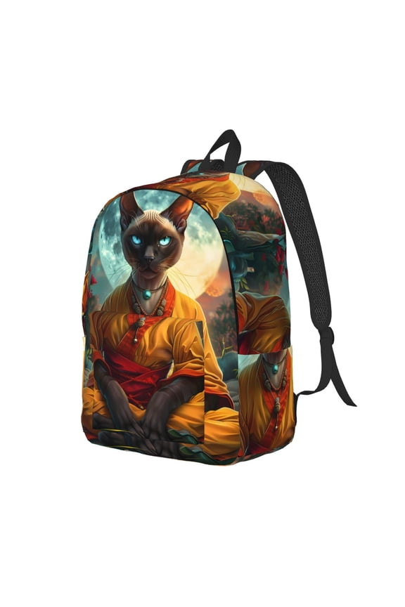 Moonlit Hairless Cat Monk Pattern Durable Canvas Backpack for Men & Women – Stylish & Lightweight – Adjustable Straps, Multiple Pockets – Fits 15-17 Inch LaptopsSmall