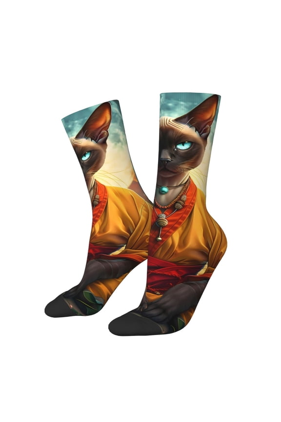 Moonlit Hairless Cat Monk for Women Casual Calf Socks - Cute Crew Socks - Thin Soft Above Ankle Socks Size 5-11