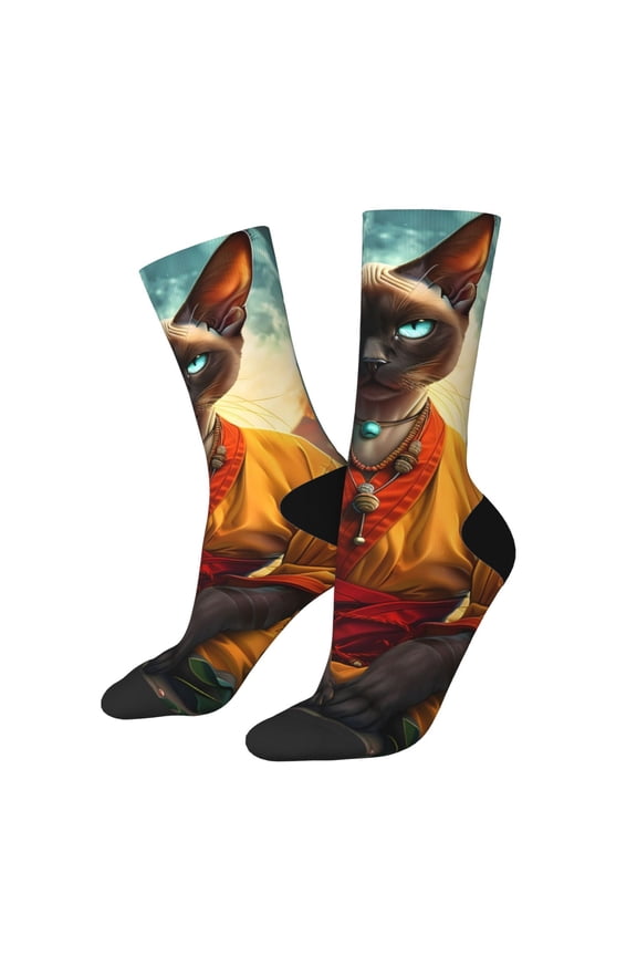 Moonlit Hairless Cat Monk for Women Casual Calf Socks - Cute Crew Socks - Thin Soft Above Ankle Socks Size 5-11