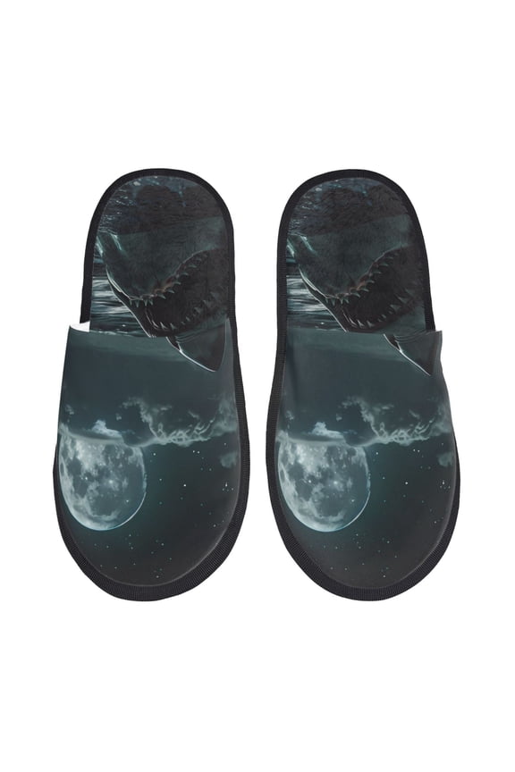 Moonlit Night Sky Shark Pattern Fuzzy Slippers Fuzzy Soft House Slippers Plush Furry Warm Cozy Open Toe Fluffy Home Shoes-Medium