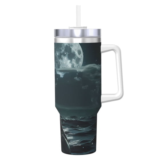 Rateoe Moonlit Night Sky Shark Printed 40OZ Ice Bully With Handle - Stainless Steel Travel Cup Portable for Hot & Cold Drinks, Travel, Gym, Home, and Outdoor Activities