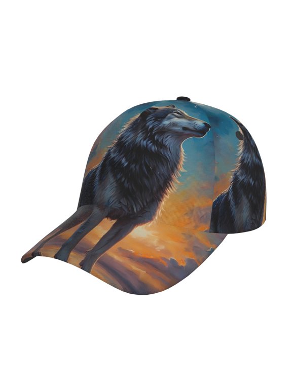 Moonlit Night Sky Wolf Pattern Mens Baseball Cap Adjustable Curved Brim Hat, Soft Cotton Sports Cap for Outdoor, Casual, and Everyday Wear, Comfortable & Breathable