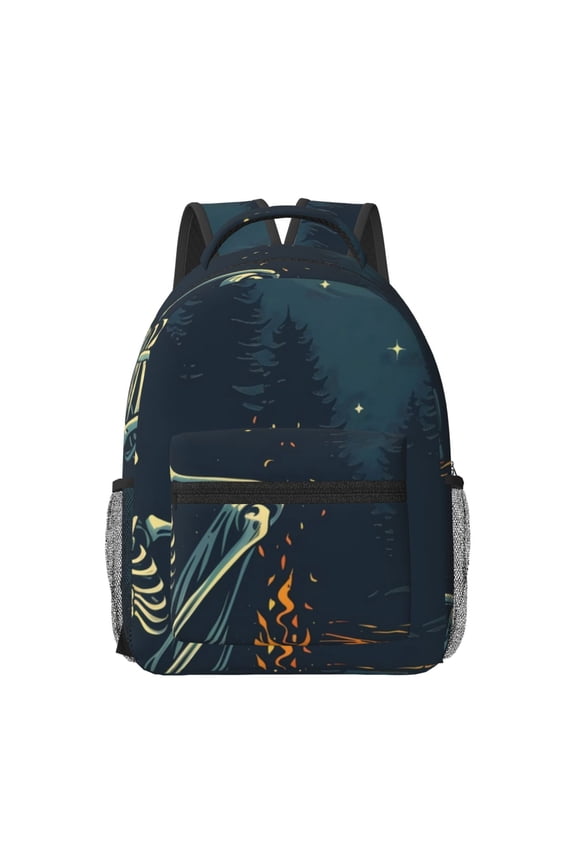 Moonlit Skeleton Campfire Pattern Durable Student Backpack Laptop Bag- Ergonomic Design, Waterproof Twill Fabric - Ideal for School, Travel, and Outdoor Activities-One Size